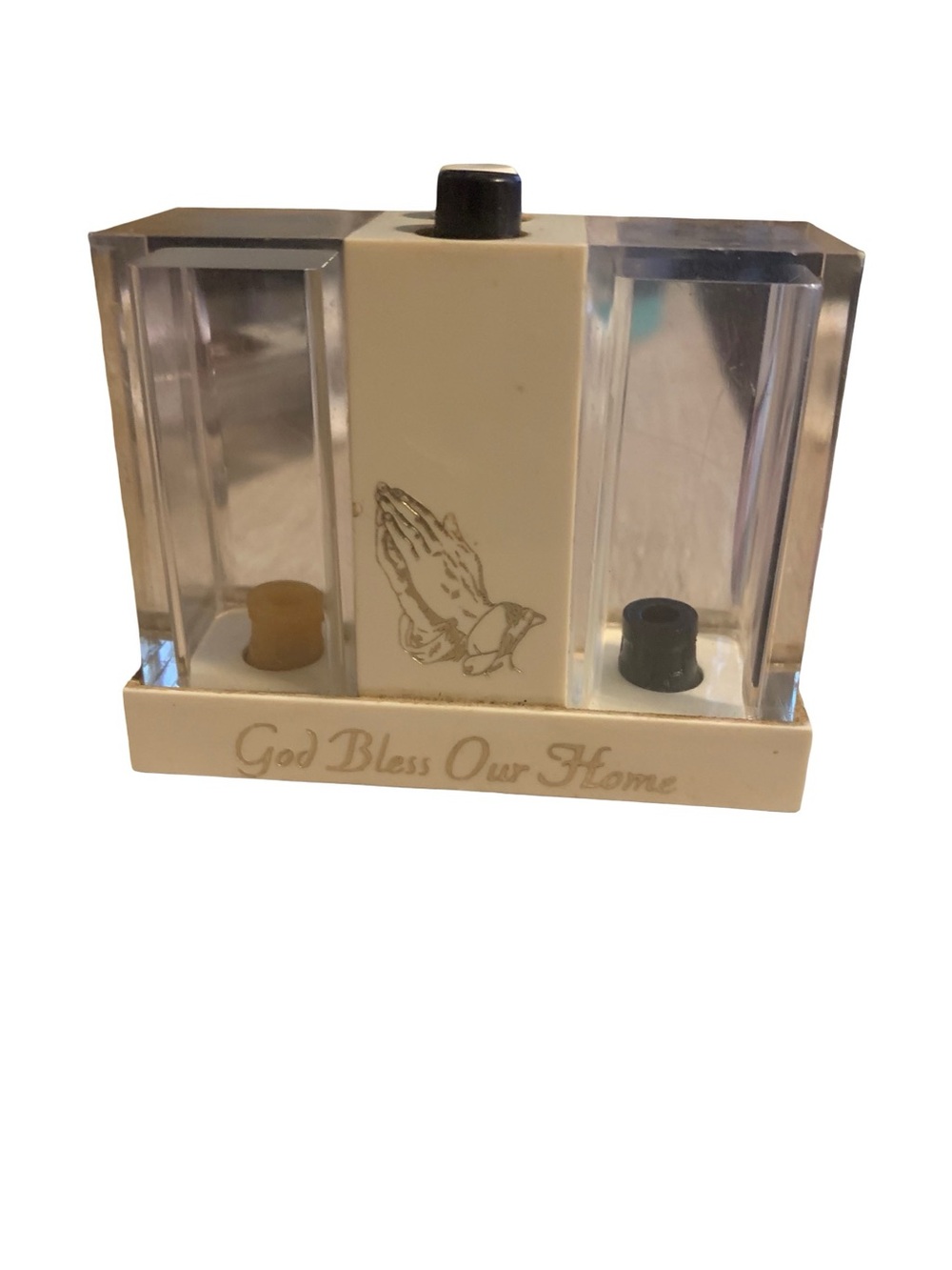 Vintage "God Bless Our Home" Push Button Salt & Pepper 3”